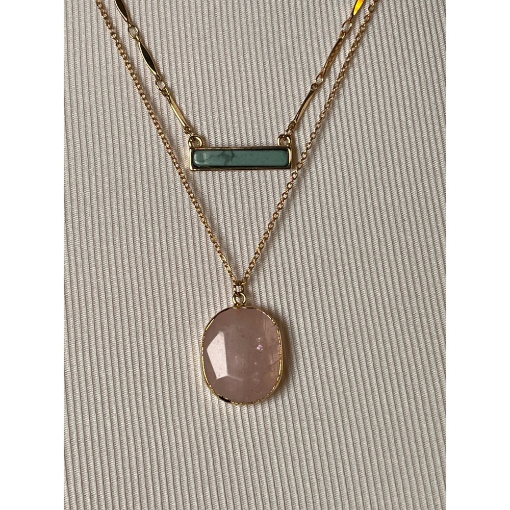 LOFT Layered Gold Tone Necklace Pink Stone Turquoise Bar Pendant Adjustable